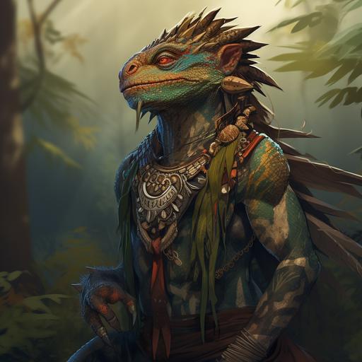 male lizardfolk druid full body left facing with tribal tattoos mostly green with blue and red camouflage highlights small piercings calm contemplative expression with dusk swamp background light rain in the style of epic fantasy