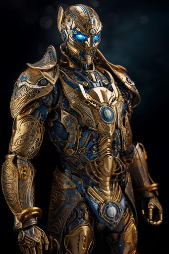 male medieval humanoid robot wearing gold armor, with blue gems inlaid, powered by magic