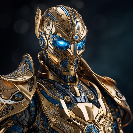 male medieval humanoid robot wearing gold armor, with blue gems inlaid, powered by magic