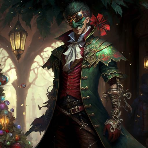 male, mesmer, steam punk clothes, guild wars 2, in the style of final fantasy XIV, masquerade domino mask, christmas tree scene, green and red, full-body, relaxed stance, smiling; --v 4