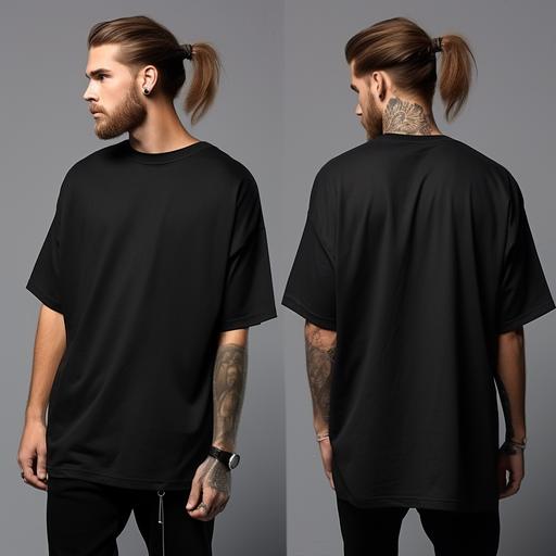 male model wearing plain black oversized t-shirt front and back streetwear mock up --v 5.2