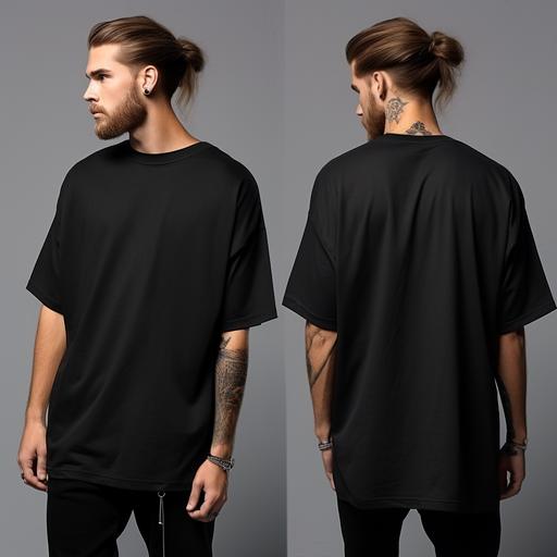 male model wearing plain black oversized t-shirt front and back streetwear mock up --v 5.2