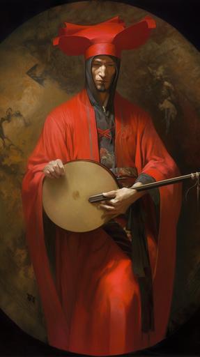 male oriental. bard. circular hat. red clothes. enigmatic mask. pale. musical instrument. gritty, dark fantasy, hubris. arrogance. Fantasy. Demigod. very detailed oil painting. high resolution. 4k. gerald brom, francisco goya, diego velásquez --v 5 --ar 9:16