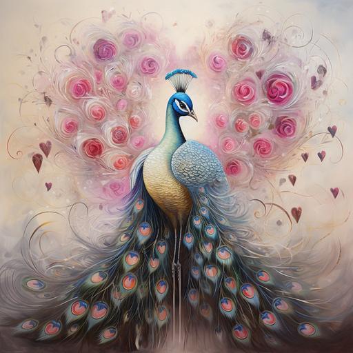 male peacock and feathers standing in a dreamy heart, Salvador Dalí style with hearts, warm grays and light pinks with bright peacock feather colors--r.25