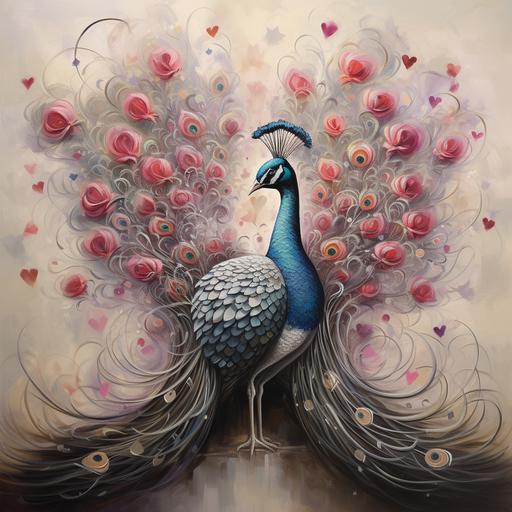 male peacock and feathers standing in a dreamy heart, Salvador Dalí style with hearts, warm grays and light pinks with bright peacock feather colors--r.25