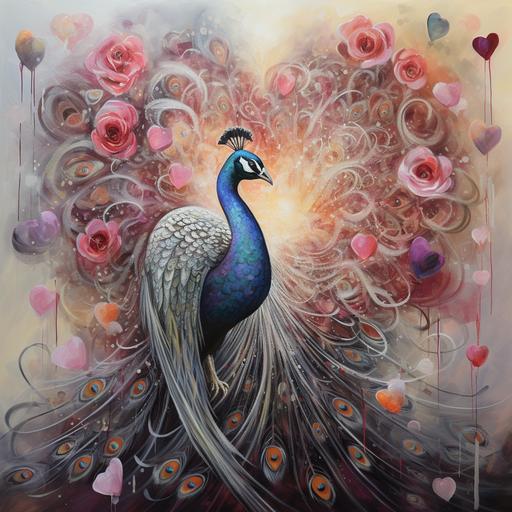 male peacock and feathers standing in a heart, Salvador Dalí style with love hearts, warm grays and light pinks with bright peacock feather colors--r.25