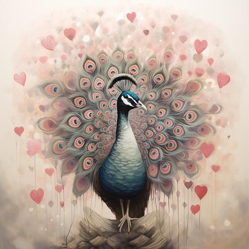 male peacock standing in a heart, Salvador Dalí art style with love hearts, warm greys and light pinks with colorful peacock feathers--r.25