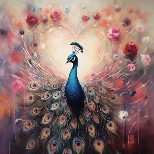 male peacock standing in a heart, Salvador Dalí art style with love hearts, warm greys and light pinks with colorful peacock feathers--r.25