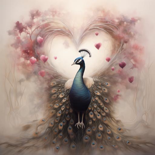 male peacock standing in a heart, dali syle with love hearts, warm greys and light pinks wioth viberant peacock feathers--r.25
