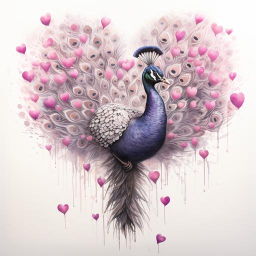 male peacock standing in a heart, dali syle with love hearts, warm greys and light pinks wioth viberant peacock feathers--r.25