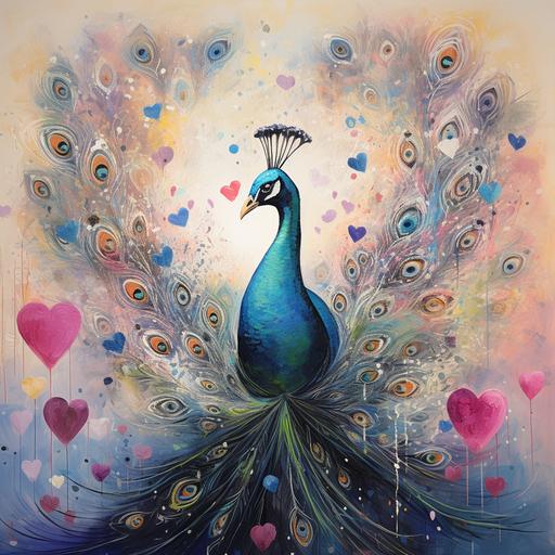 male peacock standing in dreamy heart, Salvador Dalí art style with love hearts, warm grays and light pinks with bright colored blue and purple colorful peacock feathers--r.25