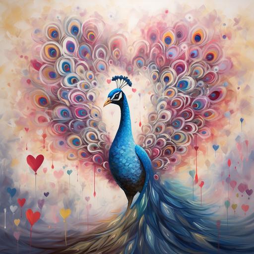 male peacock standing in dreamy heart, Salvador Dalí art style with love hearts, warm grays and light pinks with bright colored blue and purple colorful peacock feathers--r.25