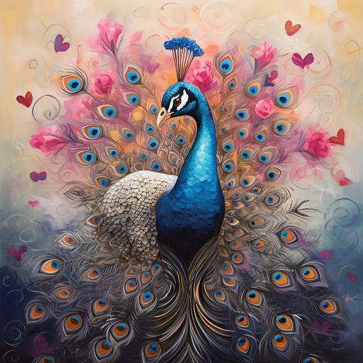 male peacock standing in dreamy heart, Salvador Dalí art style with love hearts, warm grays and light pinks with bright colored blue and purple colorful peacock feathers--r.25