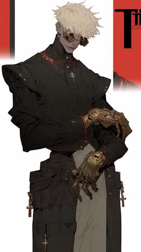male priest, wearing spectacles, white hair, fantasy punk rocker priest, handsome face, slim look, a tool belt, armored gaunthlets, red pants, in shonen anime style, intricately detailed --style expressive --s 1000 --niji 5 --ar 9:16