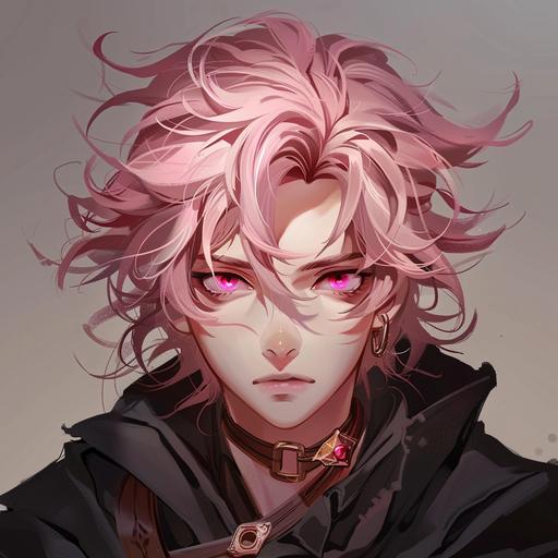 male, reborn druid, dungeons and dragons, character, rose pink eyes, dark rose colored hair, anime style,