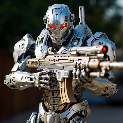 male robot superhero, blaster rifle, silver metallic, halo lighting, hyper realistic