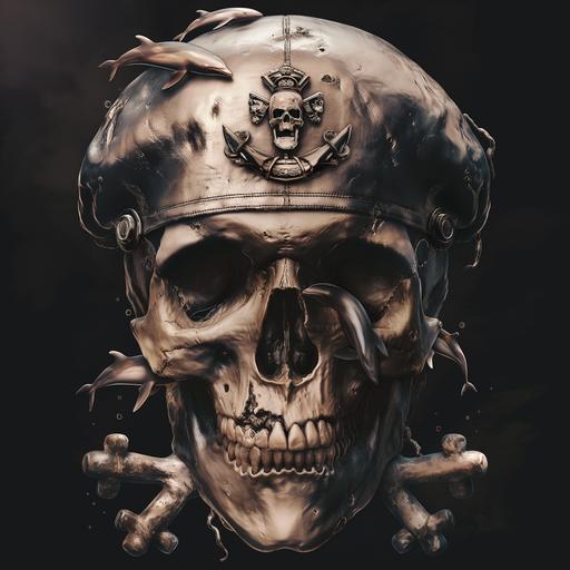 male skull wearing a HM Submarine Cap and Dolphins incorporated on the cap, crossbones underneath the skull, realistic tattoo design 8k --v 6.0
