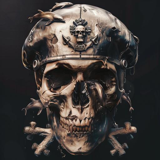 male skull wearing a HM Submarine Cap and Dolphins incorporated on the cap, crossbones underneath the skull, realistic tattoo design 8k
