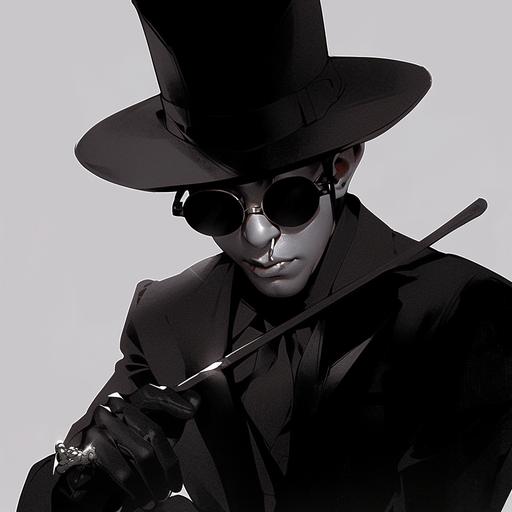 male special agent wizard, black top hat, black circle sunglasses, black high fashion suit, in shonen anime style, intricately detailed --style expressive --s 200 --niji 5
