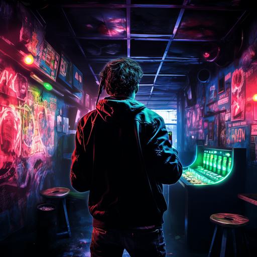 male teenager, taking a gun, in a gaming bar, neons lighting, gun to head, seen from behind
