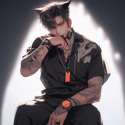 male teeneger, full body, black shirt, tattooes on his arm, black pants, black belt, spiked necklace, bracelets --niji 5 --q 2 --s 750