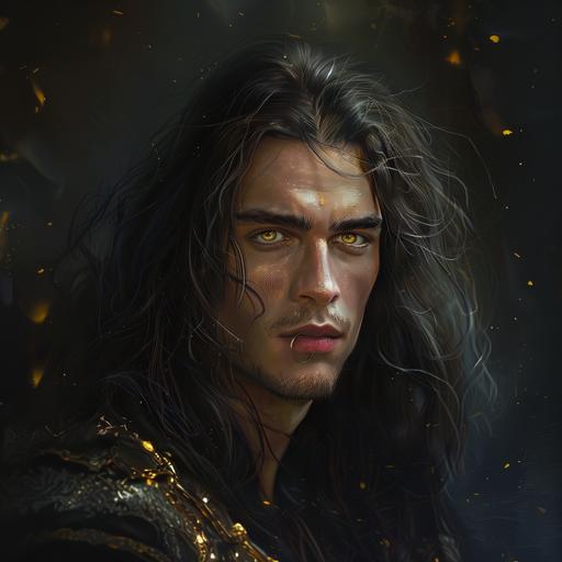 male warrior, rugged, handsome, long dark hair, lower lip ring, glowing gold eyes, high court, magic, ACOTAR, portrait, hyperrealistic, highly detailed, 4:3