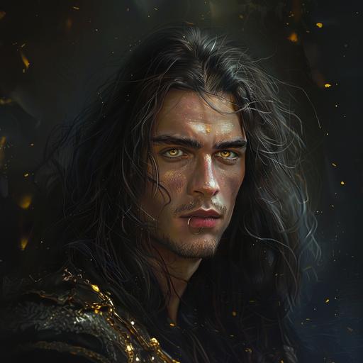 male warrior, rugged, handsome, long dark hair, lower lip ring, glowing gold eyes, high court, magic, ACOTAR, portrait, hyperrealistic, highly detailed, 4:3