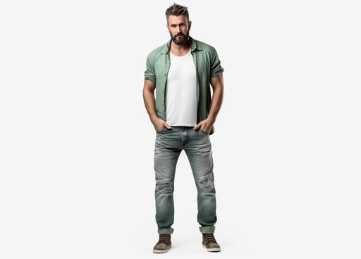 male with beard and ripped jeans posing standing with white backgrounds, in the style of light teal and light green, elegant clothing, kombuchapunk, dark gray and light brown, sleek metallic finish, tondo, colorful washes --ar 39:28