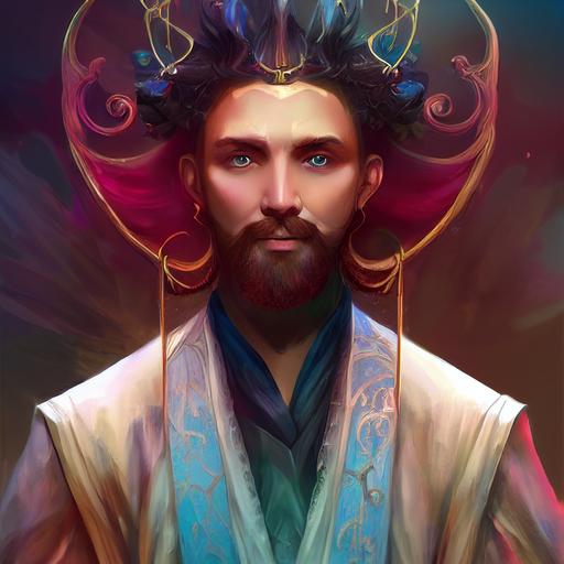 male wizard   noble clothes   diaphane face and strong gate   white peacock   digital painting   oil painting   soft colors   artstation   illustration   line artframe   8k   highly detailed --test --creative --upbeta --upbeta --upbeta --upbeta