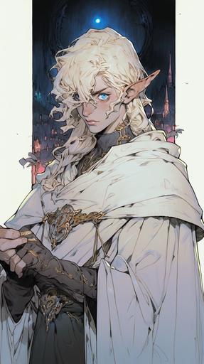 male wizard, looks like Griffith from berserk, with light blue eyes, in shonen anime style, intricately detailed --style expressive --s 900 --niji 5 --ar 9:16