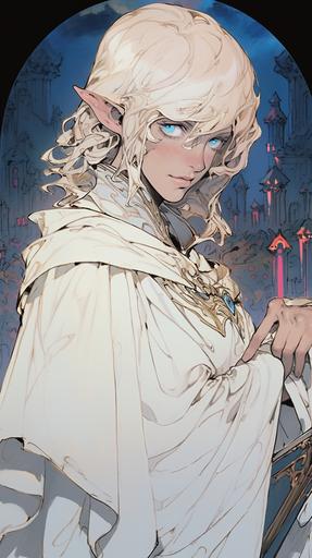 male wizard, looks like Griffith from berserk, with light blue eyes, in shonen anime style, intricately detailed --style expressive --s 900 --niji 5 --ar 9:16