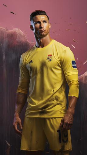 Lionel Messi VERSUS Cristiano Ronaldo, Lionel Messi wearing pink football uniform::3, ronaldo wearing yellow football uniform::2, miami city on the background::1, hyperrealism, 8k, highly detailed, sharp, 8k, two players together::3, add golden ball in the middle --ar 9:16