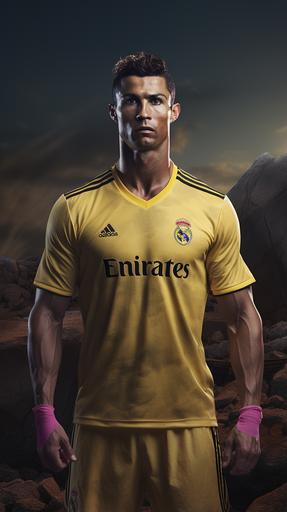 Lionel Messi VERSUS Cristiano Ronaldo, Lionel Messi wearing pink football uniform::3, ronaldo wearing yellow football uniform::3, miami on the background::1, hyperrealism, 8k, highly detailed, sharp, 8k, two players together::2 --ar 9:16