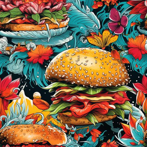mambo, ed hardy, bold, dragon burger, fire, intricate line detail, 🍔 --tile --s 250