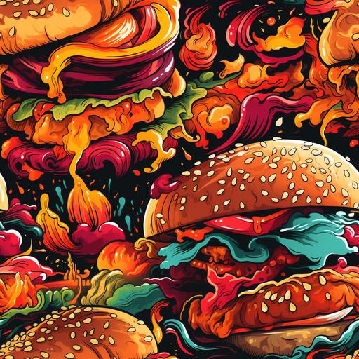 mambo, ed hardy, bold, dragon burger, fire, intricate line detail, 🍔 --tile --s 250