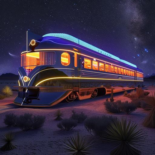 The Pioneer Zephyr train, art deco, party inside, travelling across the desert, starry night, phosphorescent architecture