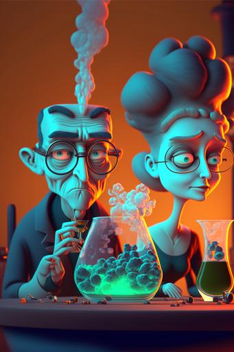 man and woman are too much high smoking hash , drinking alcohol , 3d cartoon 8k cinematic lighting --v 4 --ar 2:3
