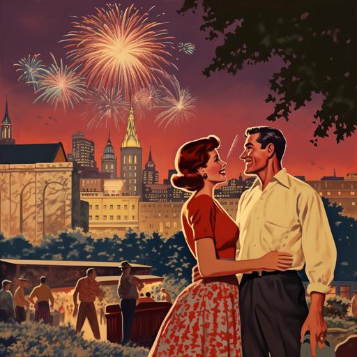 man and woman relocating to san antonio with the alamo in the background, 1960s cartoon style, fireworks in the nightsky