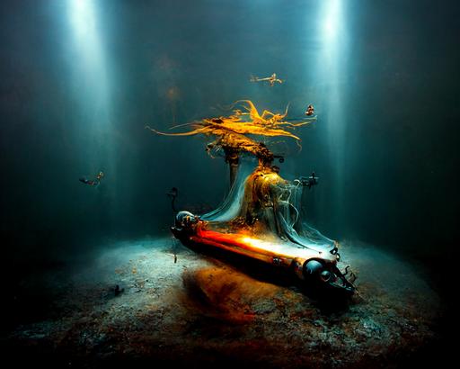 angelarium submarine, underwater, coral reef, light painting --ar 4:3