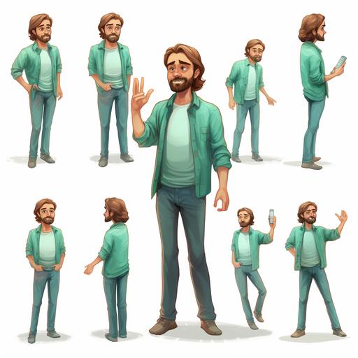 man character, multiple poses and expressions, 100% white background, children’s book illustration style, simple, 40 year old man, full colour, mint green shoes, mint green t-shirt, mint green clothes, long brown hair, flat colour