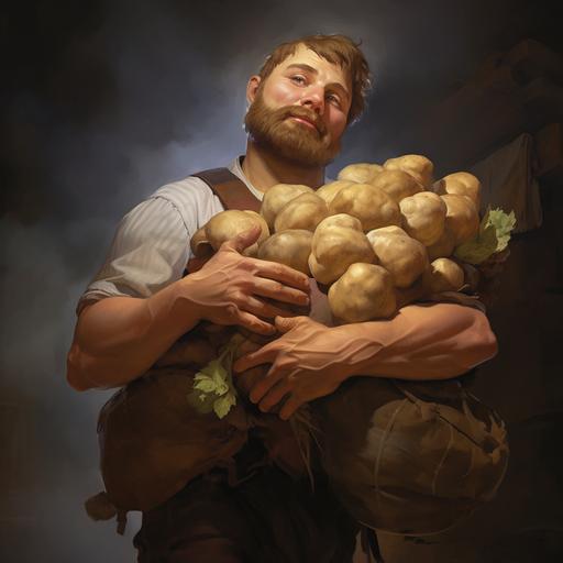 man cradling a sack of potatoes in him arms, magic: the gathering