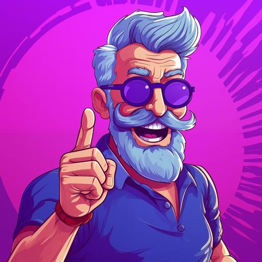 man dad funny single character saying jokes with open mouth with astonishment, index finger pointing up tinted glasses moustache purple hair funny cartoon flat