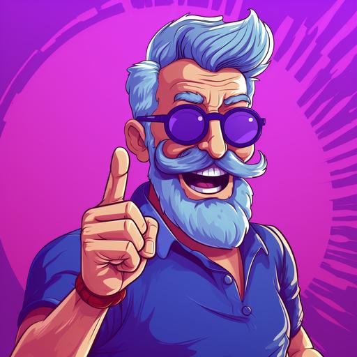 man dad funny single character saying jokes with open mouth with astonishment, index finger pointing up tinted glasses moustache purple hair funny cartoon flat