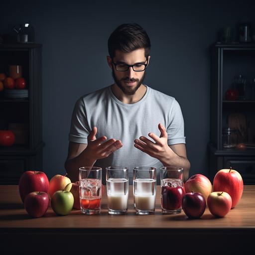 man deciding between glass of milk and bowl of fruit