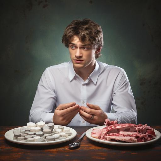 man deciding between plate of ribeye and plate of medical pills --v 5.2