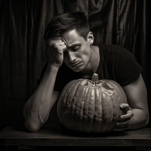 man eating pumpkin, tired face, black and white saturation