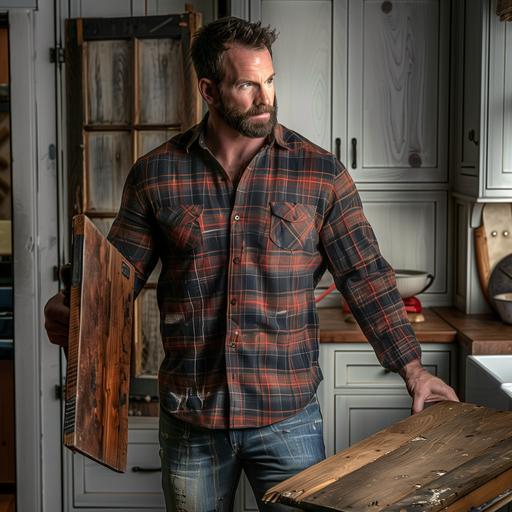 man handsome lumberjack flannel shirt and jeans - muscular in the kitchen with a cabinet door in one hand becaues it fell off --v 6.0