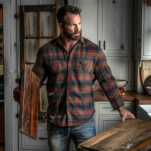 man handsome lumberjack flannel shirt and jeans - muscular in the kitchen with a cabinet door in one hand becaues it fell off