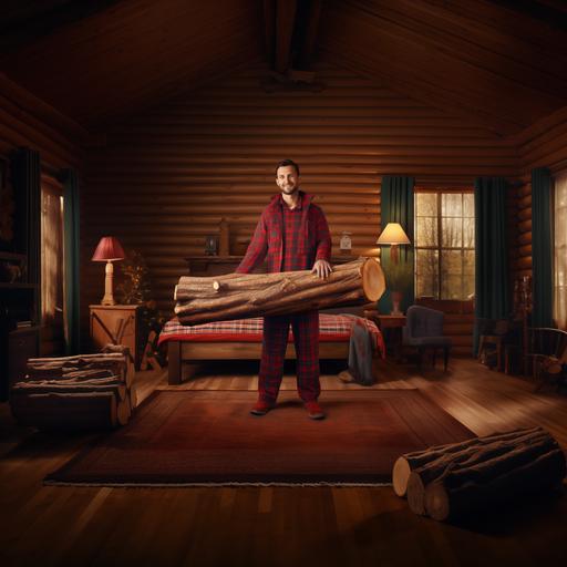 man holding a big log of wood in his pajamas, bed in the background