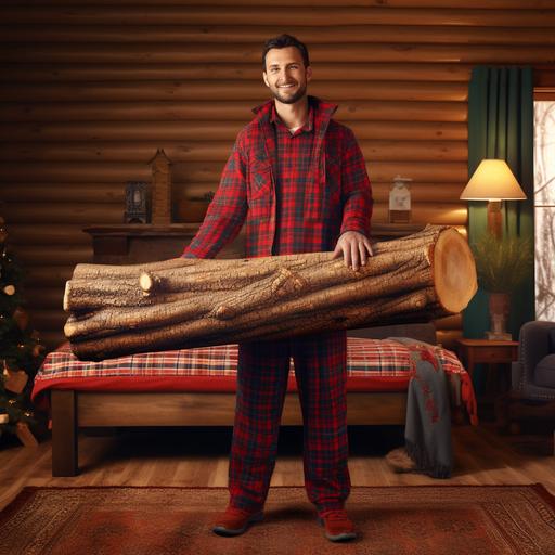 man holding a big log of wood in his pajamas, bed in the background
